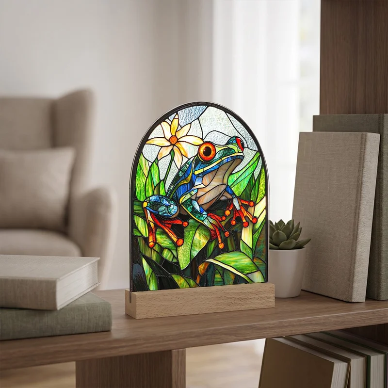 Ornement de bureau acrylique 2D créatif, style vitrail, motif grenouille, décor d'intérieur étanche avec base en bois - SCB1940-3