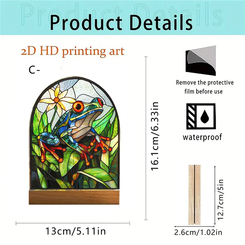Ornement de bureau acrylique 2D créatif, style vitrail, motif grenouille, décor d'intérieur étanche avec base en bois - SCB1940-3