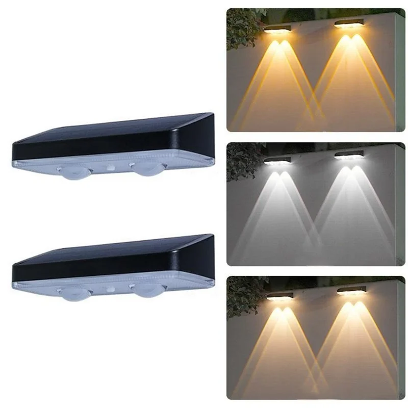 2Pcs Solar Powered Dual Beam Wall Light Outdoor 3-Color Adjustable Waterproof Fence Garden Landscape Lamp