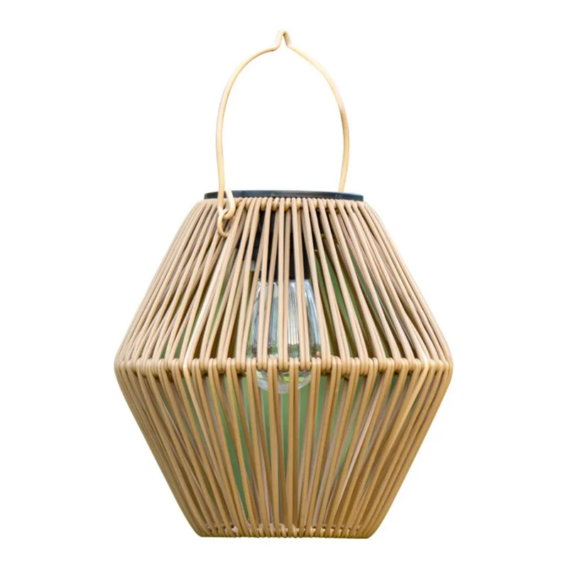 Solar Powered Wicker Lantern-Shaped Diamond Pattern Hanging Outdoor Garden Light Handcrafted Tungsten Bulb Camping Lamp