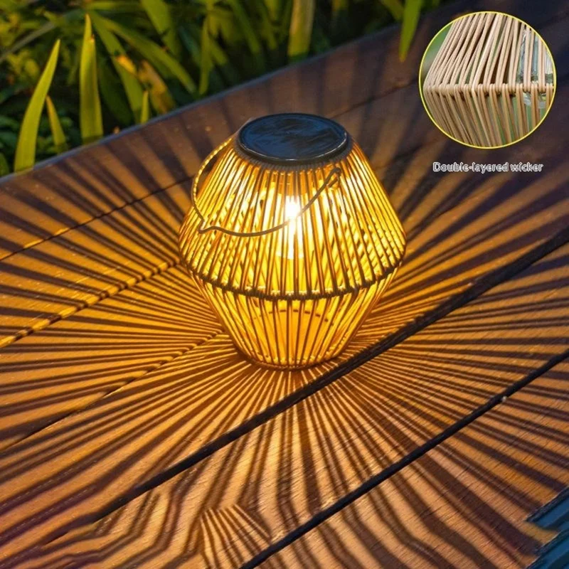 Solar Powered Wicker Lantern-Shaped Diamond Pattern Hanging Outdoor Garden Light Handcrafted Tungsten Bulb Camping Lamp