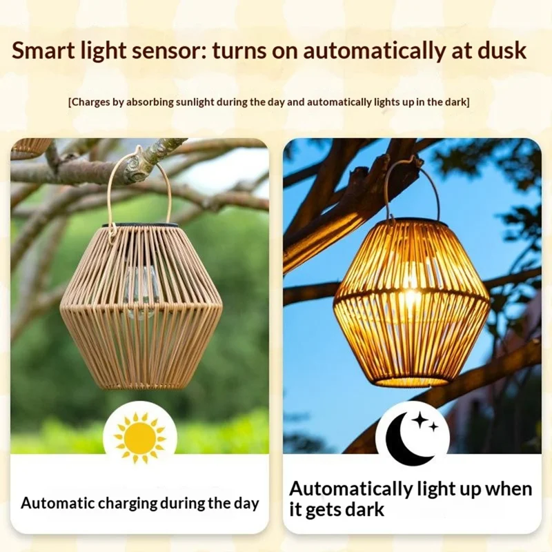 Solar Powered Wicker Lantern-Shaped Diamond Pattern Hanging Outdoor Garden Light Handcrafted Tungsten Bulb Camping Lamp