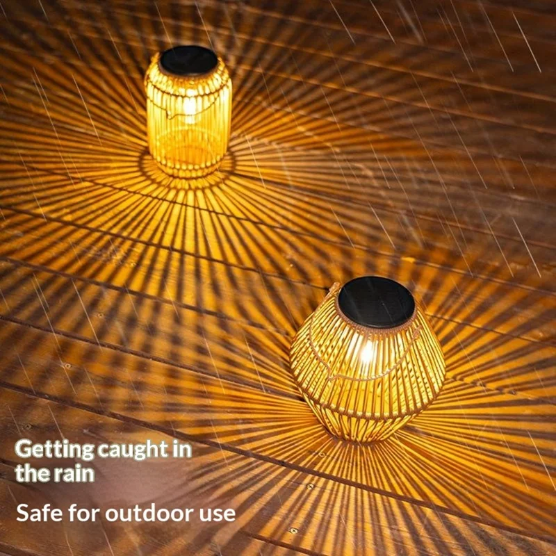 Solar Powered Wicker Lantern-Shaped Diamond Pattern Hanging Outdoor Garden Light Handcrafted Tungsten Bulb Camping Lamp