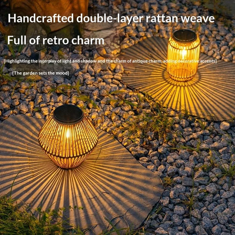 Solar Powered Wicker Lantern-Shaped Diamond Pattern Hanging Outdoor Garden Light Handcrafted Tungsten Bulb Camping Lamp
