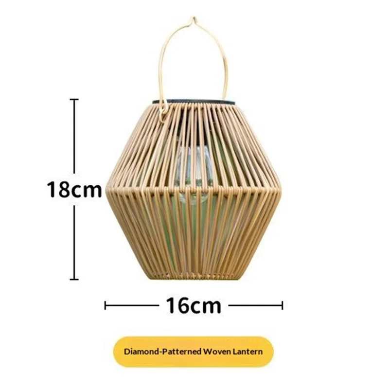 Solar Powered Wicker Lantern-Shaped Diamond Pattern Hanging Outdoor Garden Light Handcrafted Tungsten Bulb Camping Lamp