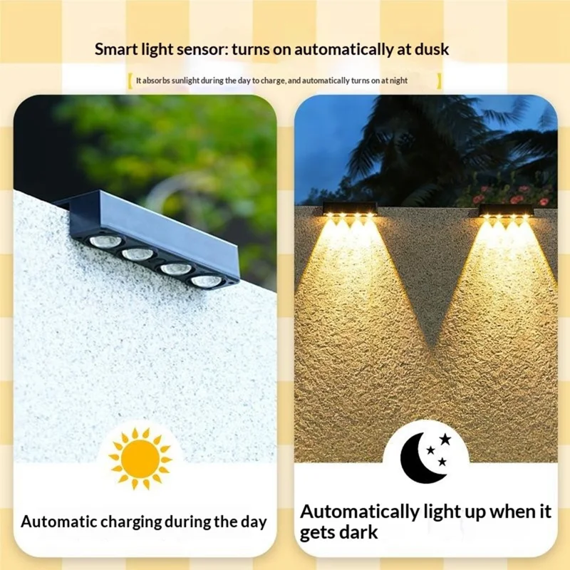 4-LED Solar Zaun-Wandleuchte 1200mAh Akku Zweifache Helligkeit Wasserdichte Wandleuchte für Garten und Hof - Warmes Licht