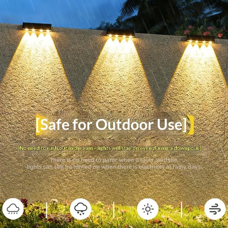 4-LED Solar Zaun-Wandleuchte 1200mAh Akku Zweifache Helligkeit Wasserdichte Wandleuchte für Garten und Hof - Warmes Licht