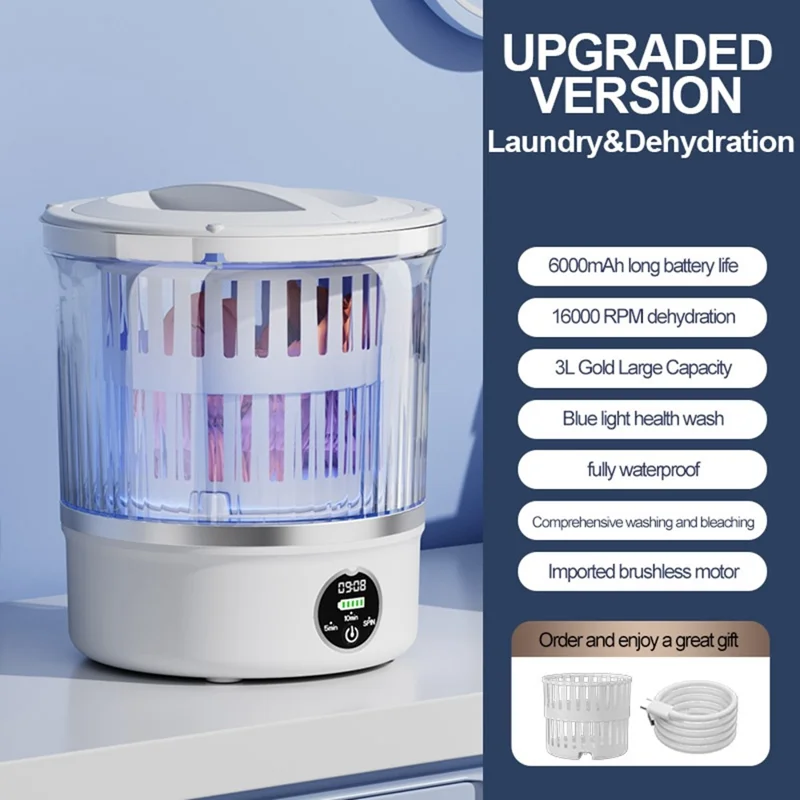 P-2 Mini Washing Machine Rechargeable 3L Portable Underwear Sock Washer 16000RPM with Spin Dry