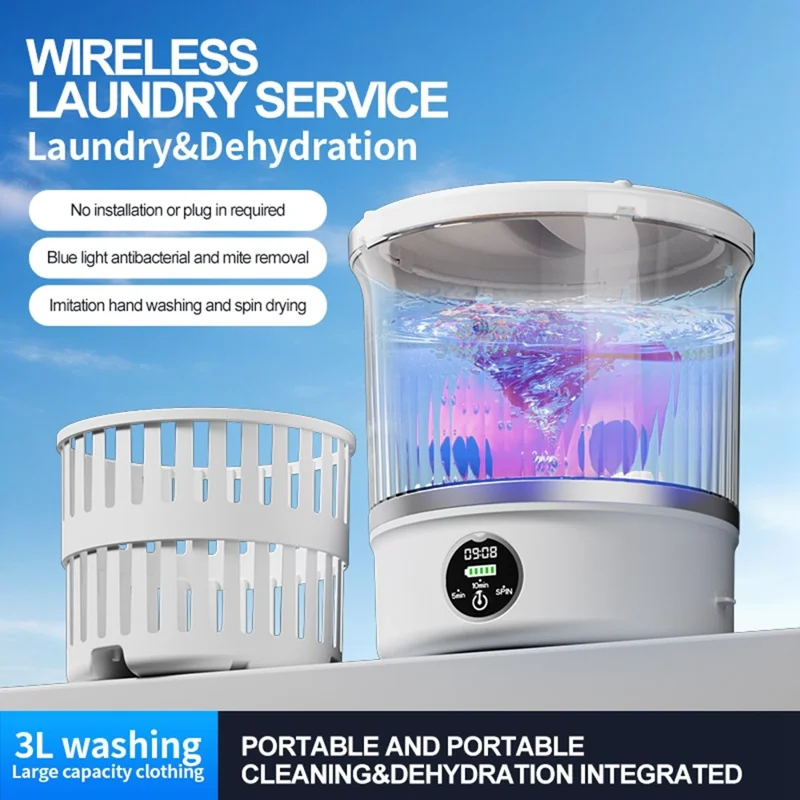 P-2 Mini Washing Machine Rechargeable 3L Portable Underwear Sock Washer 16000RPM with Spin Dry