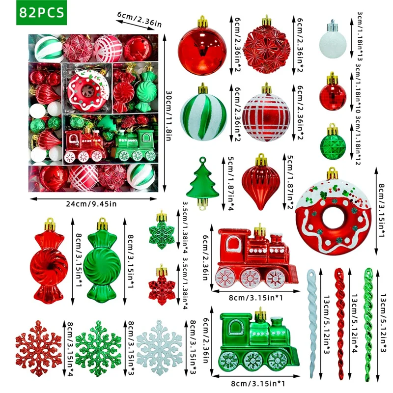82Pcs Christmas Ornament Set Colorful Train Donut Ball Tree Decorations Hanging Baubles for Holiday - MJ-82-A3