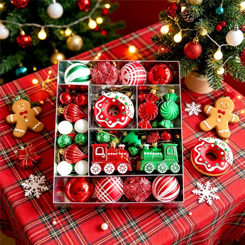 82Pcs Christmas Ornament Set Colorful Train Donut Ball Tree Decorations Hanging Baubles for Holiday - MJ-82-A3