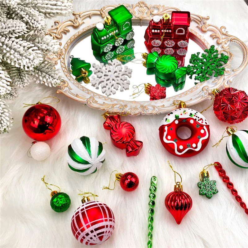 82Pcs Christmas Ornament Set Colorful Train Donut Ball Tree Decorations Hanging Baubles for Holiday - MJ-82-A3