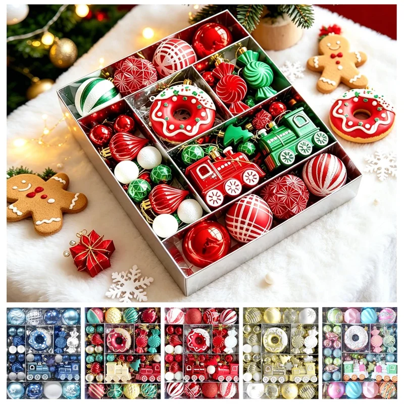 82Pcs Christmas Ornament Set Colorful Train Donut Ball Tree Decorations Hanging Baubles for Holiday - MJ-82-A3