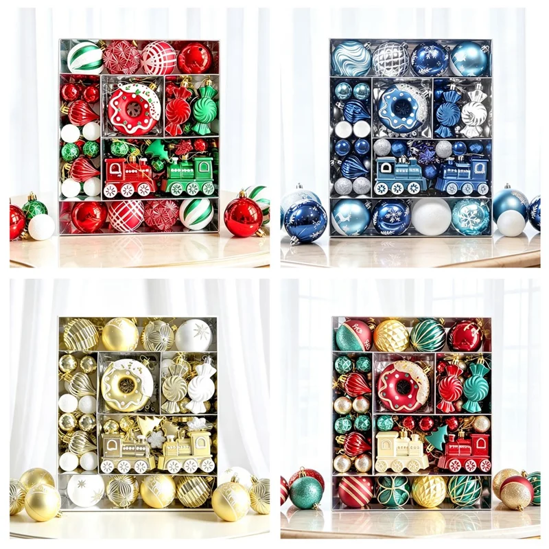 82Pcs Christmas Ornament Set Colorful Train Donut Ball Tree Decorations Hanging Baubles for Holiday - MJ-82-A3