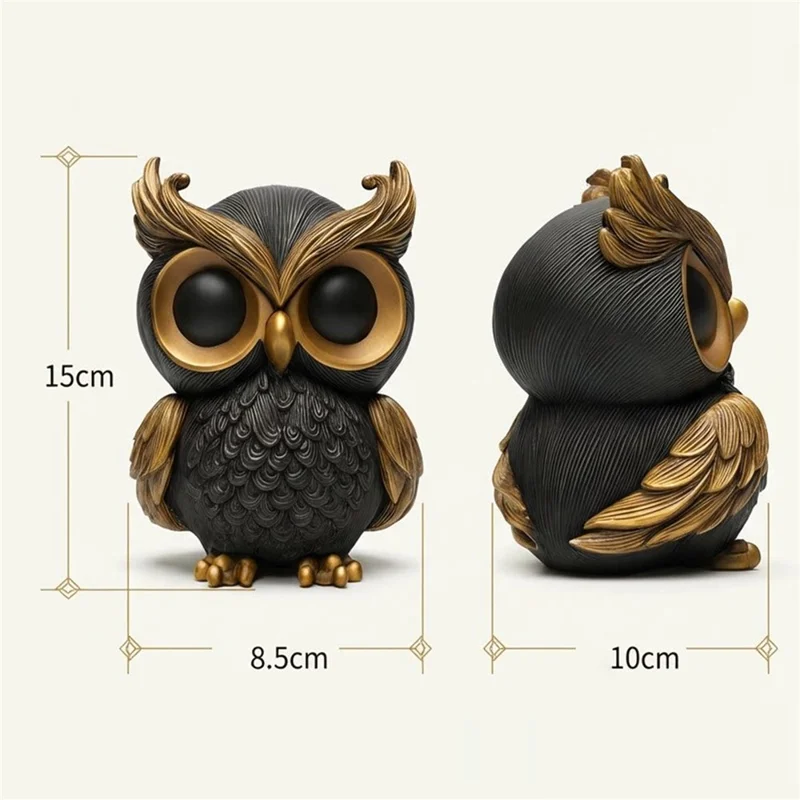 Elegant Owl Resin Ornament Feather Textured Desktop Decor for Home Office Study - Black Gold