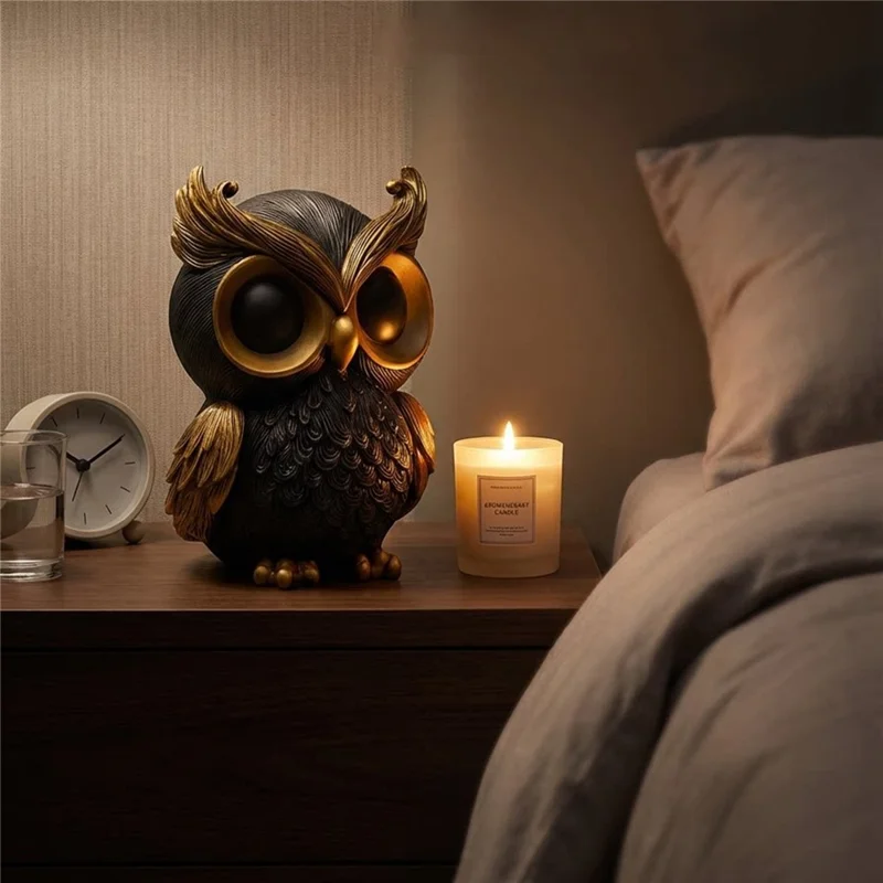 Elegant Owl Resin Ornament Feather Textured Desktop Decor for Home Office Study - Black Gold
