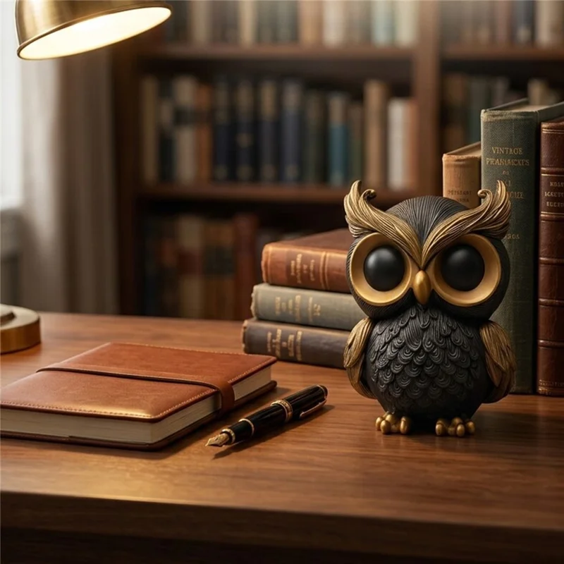 Elegant Owl Resin Ornament Feather Textured Desktop Decor for Home Office Study - Black Gold
