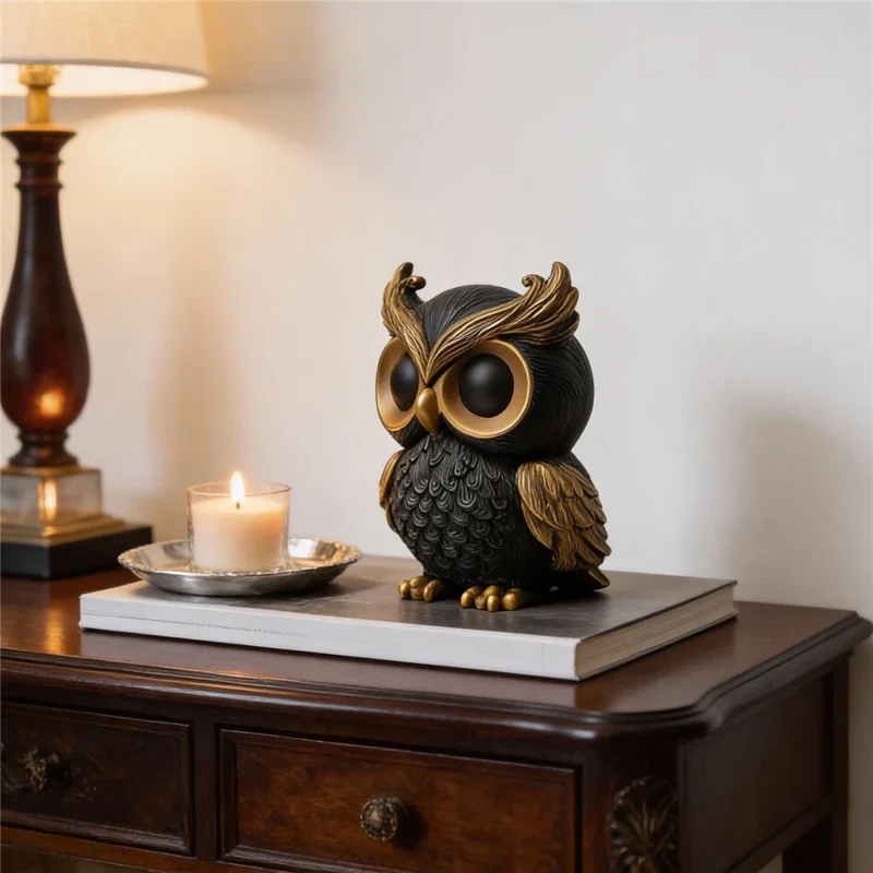 Elegant Owl Resin Ornament Feather Textured Desktop Decor for Home Office Study - Black Gold