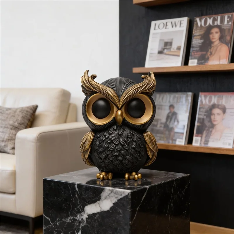 Elegant Owl Resin Ornament Feather Textured Desktop Decor for Home Office Study - Black Gold