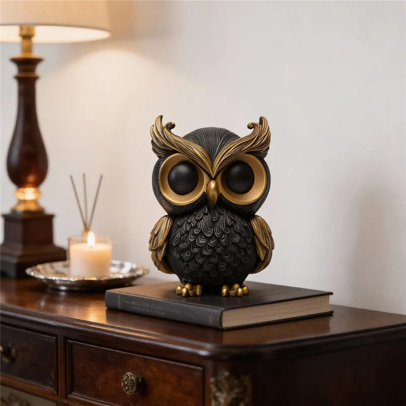 Elegant Owl Resin Ornament Feather Textured Desktop Decor for Home Office Study - Black Gold