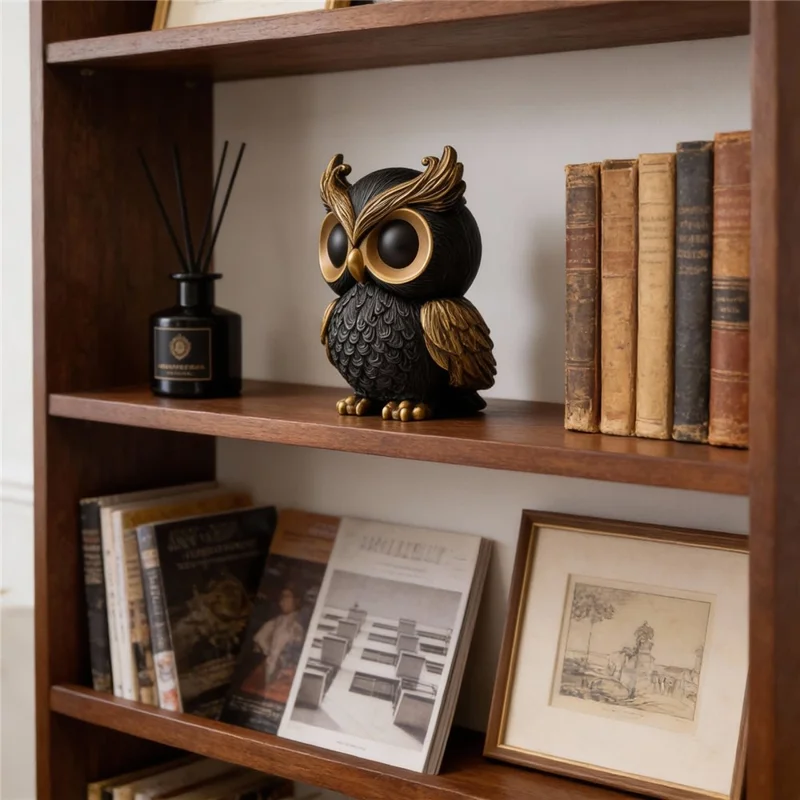 Elegant Owl Resin Ornament Feather Textured Desktop Decor for Home Office Study - Black Gold