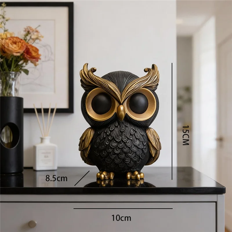 Elegant Owl Resin Ornament Feather Textured Desktop Decor for Home Office Study - Black Gold