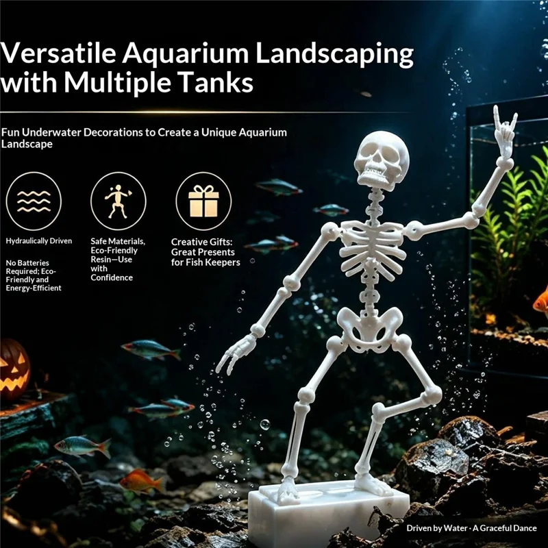 Dancing Skeleton Aquarium Ornament Water-Driven Articulated Fish Tank Decor  PLA Resin - White