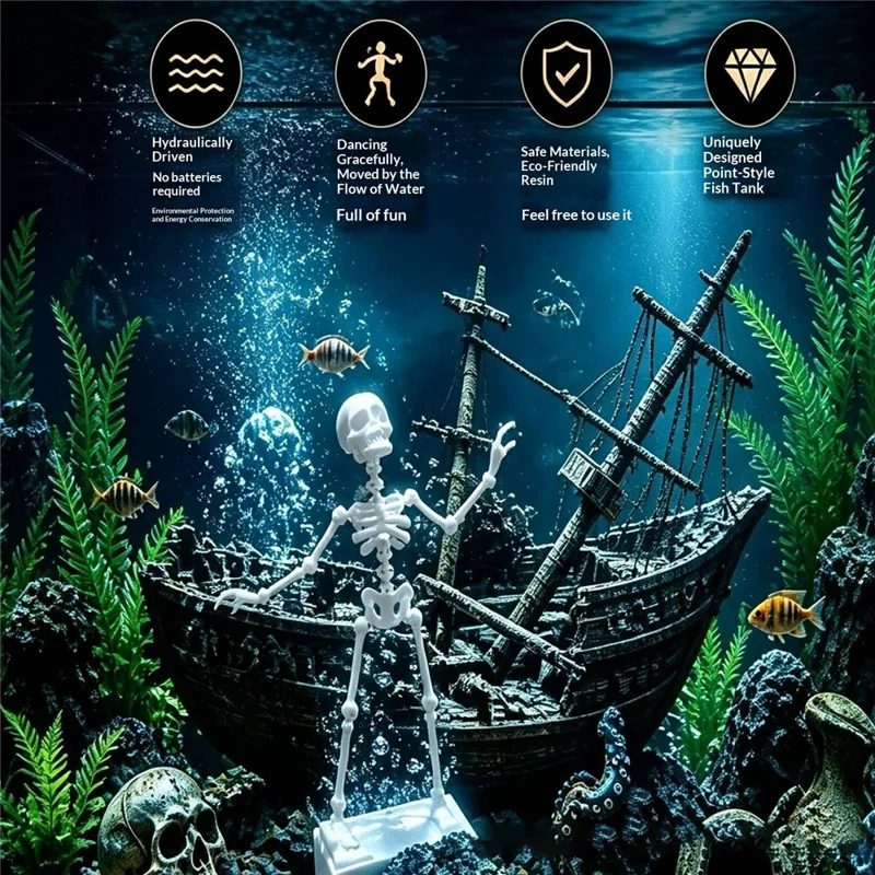 Dancing Skeleton Aquarium Ornament Water-Driven Articulated Fish Tank Decor  PLA Resin - White