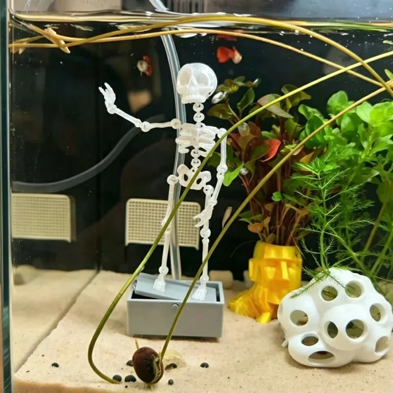 Dancing Skeleton Aquarium Ornament Water-Driven Articulated Fish Tank Decor  PLA Resin - White