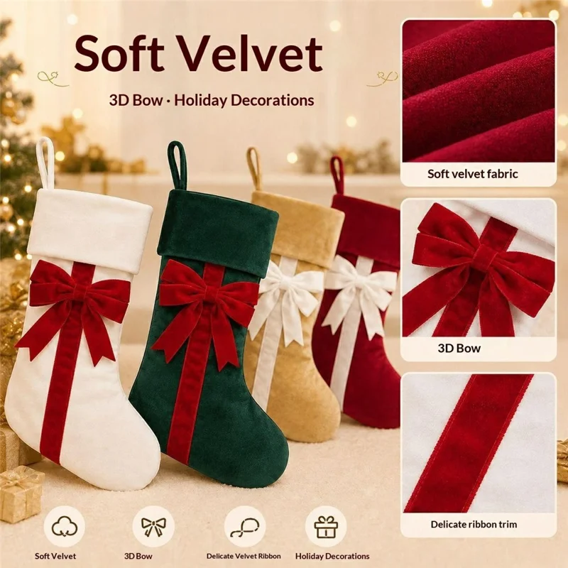 46x25cm Velvet Bow Christmas Stocking Large Capacity Hanging Fireplace Decor Gift Bag - Red