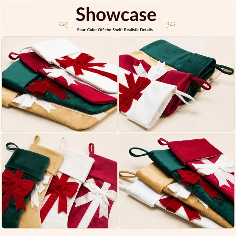 46x25cm Velvet Bow Christmas Stocking Large Capacity Hanging Fireplace Decor Gift Bag - Red