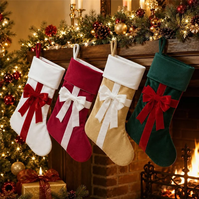 46x25cm Velvet Bow Christmas Stocking Large Capacity Hanging Fireplace Decor Gift Bag - Red