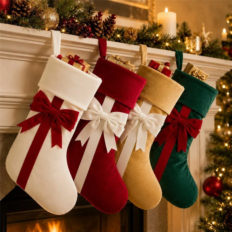 46x25cm Velvet Bow Christmas Stocking Large Capacity Hanging Fireplace Decor Gift Bag - Red