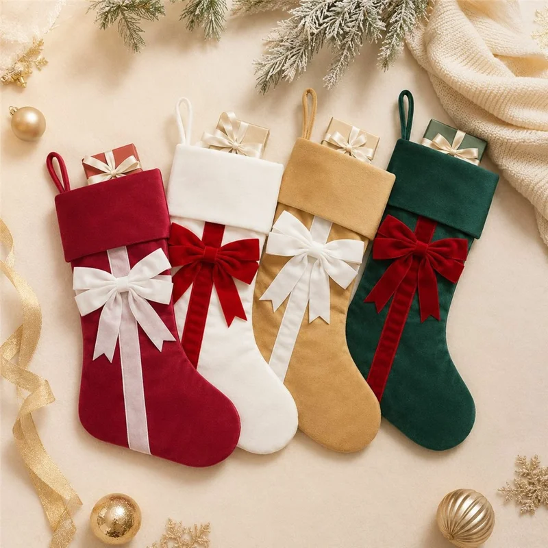 46x25cm Velvet Bow Christmas Stocking Large Capacity Hanging Fireplace Decor Gift Bag - Red