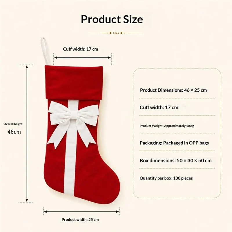 46x25cm Velvet Bow Christmas Stocking Large Capacity Hanging Fireplace Decor Gift Bag - Red