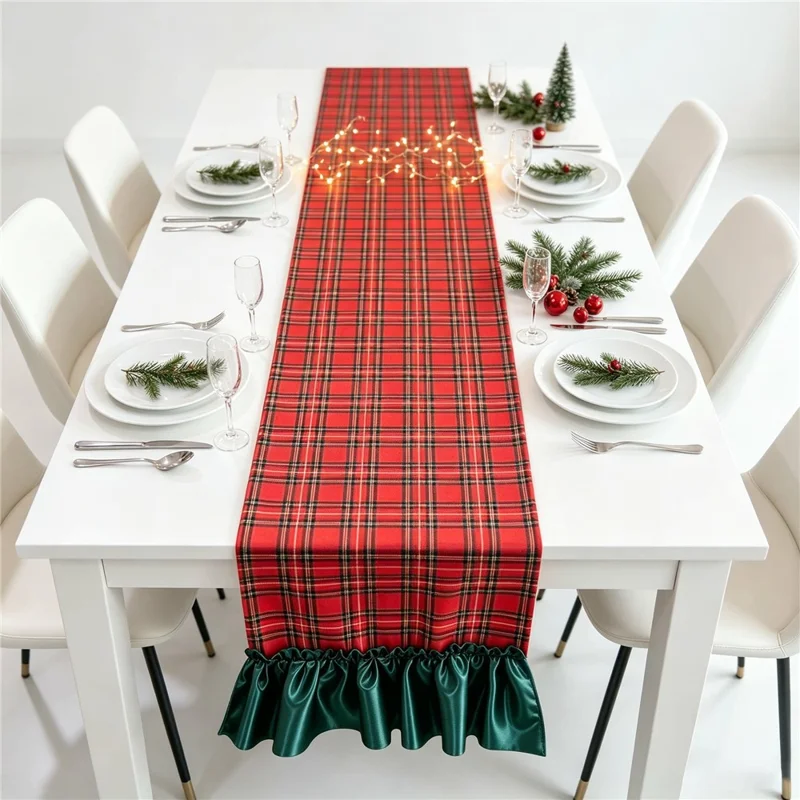 33 x 200 cm Mantel de Mesa de Poliéster con Aspecto de Lino y Bordes Plisados para Decoración Navideña - Cuadros Rojos
