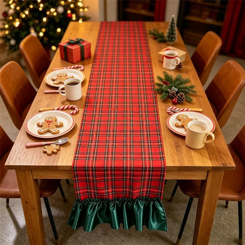 33 x 200 cm Mantel de Mesa de Poliéster con Aspecto de Lino y Bordes Plisados para Decoración Navideña - Cuadros Rojos