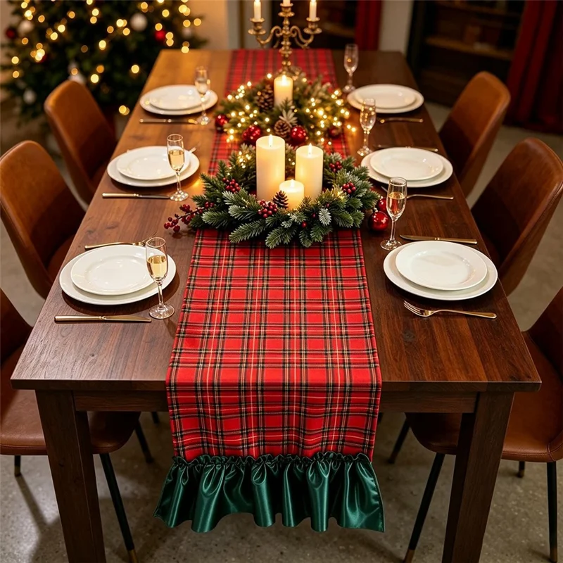 33 x 200 cm Mantel de Mesa de Poliéster con Aspecto de Lino y Bordes Plisados para Decoración Navideña - Cuadros Rojos