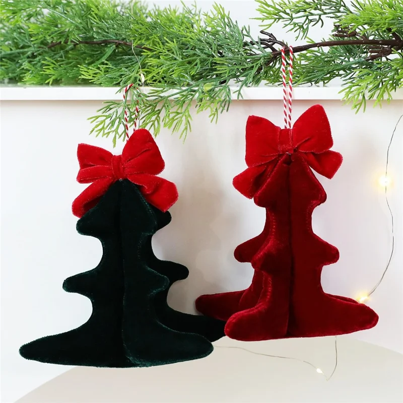 3D Velvet Christmas Tree Ornament with Bow Hanging Decoration for Tabletop Display - Wine Red