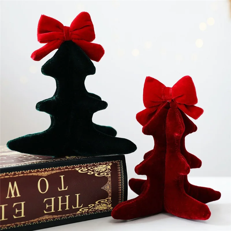 3D Velvet Christmas Tree Ornament with Bow Hanging Decoration for Tabletop Display - Wine Red