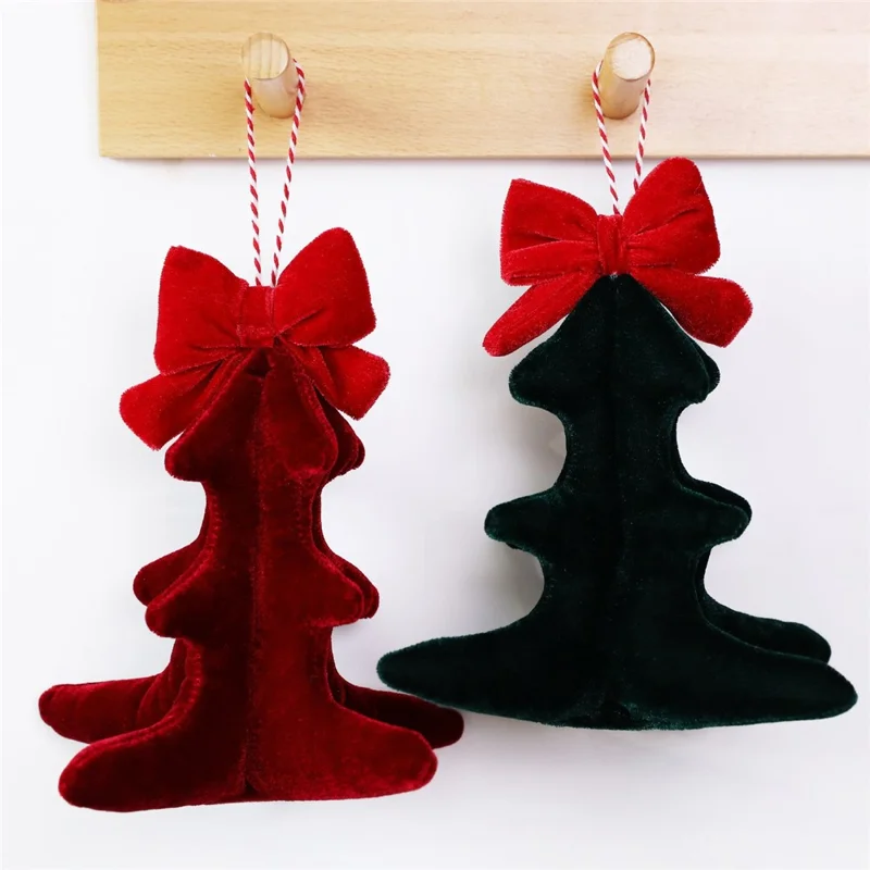 3D Velvet Christmas Tree Ornament with Bow Hanging Decoration for Tabletop Display - Wine Red