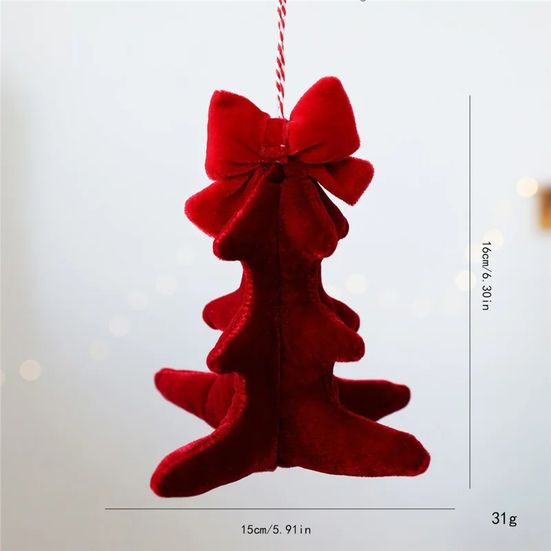 3D Velvet Christmas Tree Ornament with Bow Hanging Decoration for Tabletop Display - Wine Red