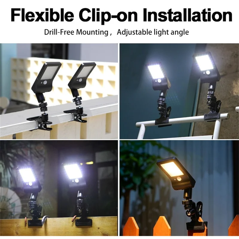P48 Solar-Powered Clamp Motion Sensor Light 60-LED IP44 Waterproof Outdoor Light - White Light