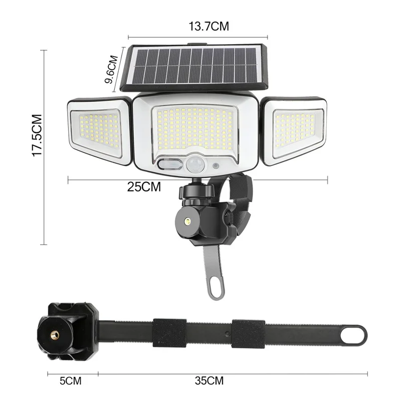 P121 3-Head 231 LEDs Solar Motion Sensor Light USB Rechargeable Lamp for Outdoor Lighting