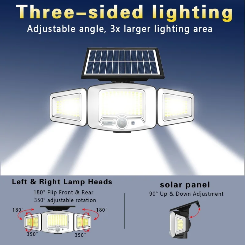 P121 3-Head 231 LEDs Solar Motion Sensor Light USB Rechargeable Lamp for Outdoor Lighting