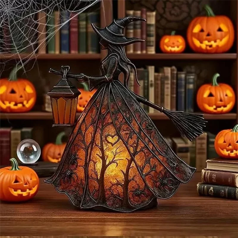 Epoxy Resin Gothic Witch Table Lamp USB Warm Light for Halloween Decor - Black