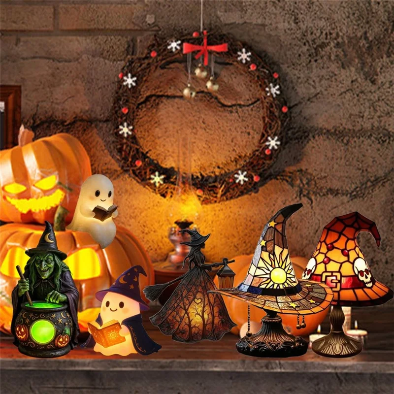 Epoxy Resin Gothic Witch Table Lamp USB Warm Light for Halloween Decor - Black
