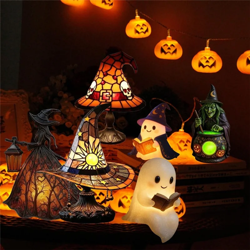 Epoxy Resin Gothic Witch Table Lamp USB Warm Light for Halloween Decor - Black