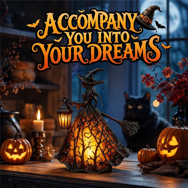 Epoxy Resin Gothic Witch Table Lamp USB Warm Light for Halloween Decor - Black