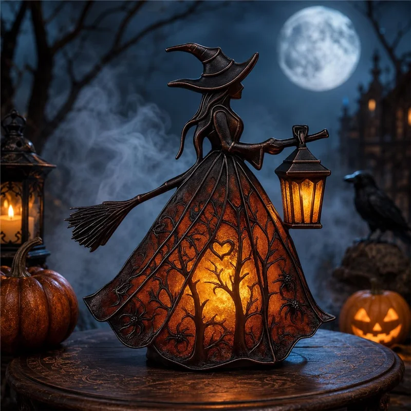 Epoxy Resin Gothic Witch Table Lamp USB Warm Light for Halloween Decor - Black